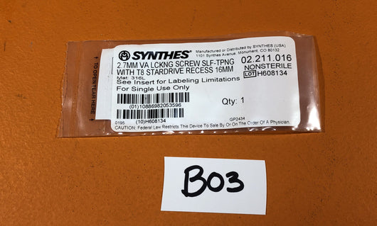 SYNTHES 02.211.016 2.7MM VA LOCKING SCREW SELF-TAPPING W/ T8 STARDRIVE  RECESS 16MM -NEW